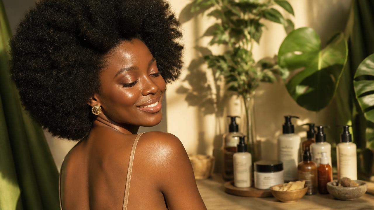 Femme aux cheveux naturels entourée de produits capillaires botaniques